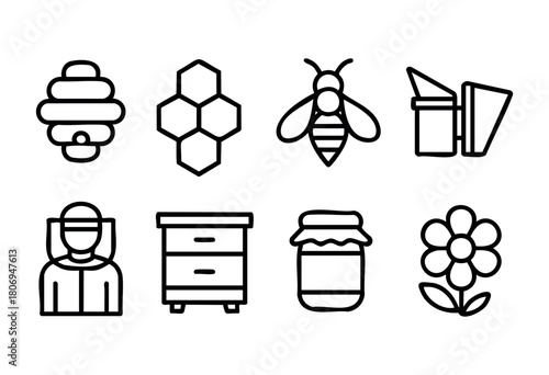 Various symbols related to beekeeping are displayed, including a beehive, honey jars, bees, and equipment, all designed in a minimalist style with clear outlines.