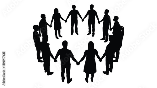 People holding hands in a circle silhouette isolated on white background, Vector