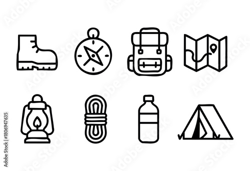 A collection of essential outdoor gear features a boot, compass, backpack, map, lantern, rope, water bottle, and tent, perfect for hiking and camping trips.