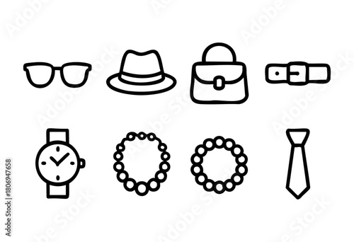 Various fashion accessories are displayed, including sunglasses, a hat, a bag, a belt, a watch, necklaces, and a tie, showcasing a minimalistic design and style.