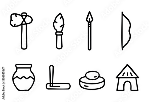 Various artifacts represent primitive tool-making, including a club, spear, ceramic pot, and shelter. This collection showcases early human craftsmanship and survival tools.