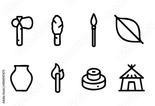 Various simple line drawings depict tools and symbols of craftsmanship, including an axe, a leaf, a pot, and a hut, showcasing the essence of creativity and nature.