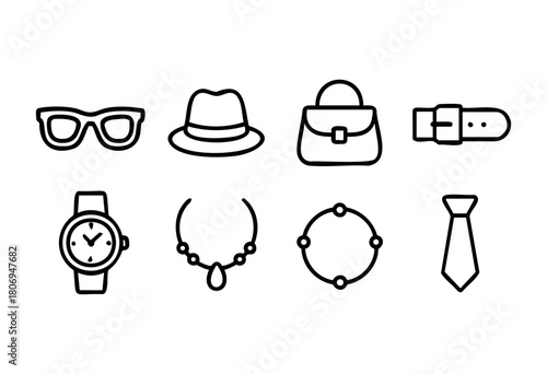 A variety of stylish accessories is displayed, featuring sunglasses, a hat, a handbag, a belt, a watch, necklaces, and a tie in a simple design setup.