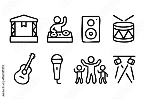 Various icons depicting a lively music festival scene with a stage, DJ, instruments like guitar and drum, and a joyful crowd dancing and enjoying the atmosphere.