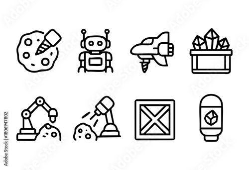 Futuristic mining visuals display a variety of activities including drilling, robotic assistance, and crystal extraction. Each icon highlights modern technology in resource gathering.
