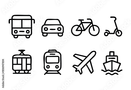 Various modes of transportation are displayed in minimalist line art, including a bus, car, bicycle, scooter, tram, train, airplane, and boat. Each vehicle is shown in a clear and simple style.