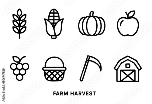 Various icons showcase farm harvest including crops like wheat, corn, and pumpkin along with a basket, grapes, and a barn, highlighting agricultural abundance.