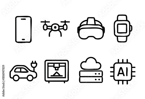 Various technology icons showcase modern advancements such as smartphones, drones, virtual reality headsets, smartwatches, electric cars, 3D printers, cloud computing, and AI components.