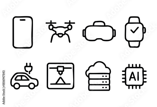 Various symbols showcase modern technology including a smartphone, drone, VR headset, smartwatch, electric car, 3D printer, cloud icon, and AI processor all in a simple design.