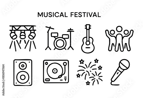 A lively musical festival showcases bands and musicians on stage with lights shining down. The energetic crowd dances while vibrant sounds and fireworks fill the air, creating a festive atmosphere.