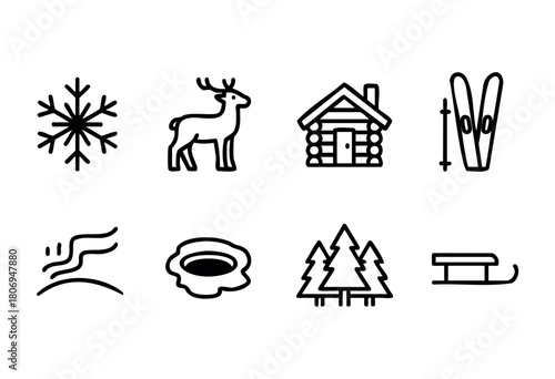 Scenes of winter activities include a snowflake, a deer, a log cabin, ski equipment, and a sled, all set against a backdrop of trees and snow.