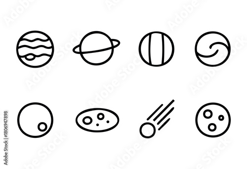 Several line drawings display various planets and celestial bodies, showcasing a diverse array of shapes and patterns. This minimalist art piece emphasizes the beauty of space.
