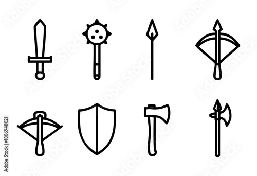 Selection of various weapons featuring swords, maces, arrows, and shields designed in minimalistic black outlines against a plain white surface.