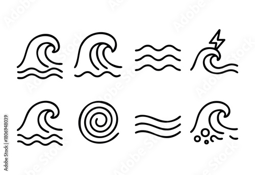 Stylized illustrations of waves depict different ocean patterns and actions, such as rolling waves, ripples, and swirls, designed for artistic use and inspiration.