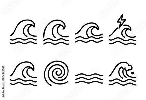 Multiple line drawings depict different ocean wave shapes and movements, capturing the energy and fluidity of water in an artistic manner. Each wave varies in design and motion.