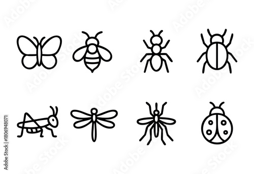 Various insect designs are displayed on a white background, including butterflies, bees, ants, and ladybugs. Each insect is represented in a minimalistic line art style.