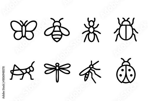 A series of eight line drawings featuring different insects like a butterfly, bee, ant, and dragonfly. Each illustration is outlined clearly on a white background with no color.