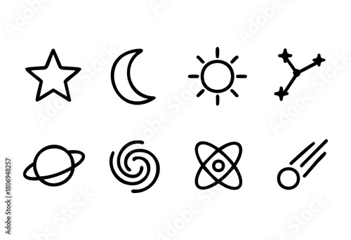 Various line icons illustrate celestial bodies and phenomena, including stars, the moon, the sun, constellations, planets, and more, suitable for educational materials or designs.