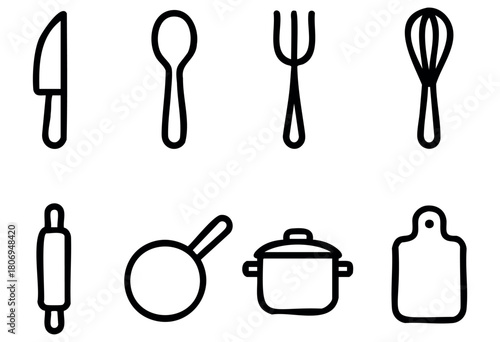 Various kitchen utensils are neatly arranged in a flat layout. Tools include a knife, spoon, fork, whisk, rolling pin, colander, pot, and cutting board, essential for cooking.