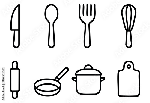 Various kitchen tools are displayed in a simple black and white style. The collection features a knife, spoon, fork, whisk, rolling pin, strainer, pot, and cutting board, perfect for cooking.
