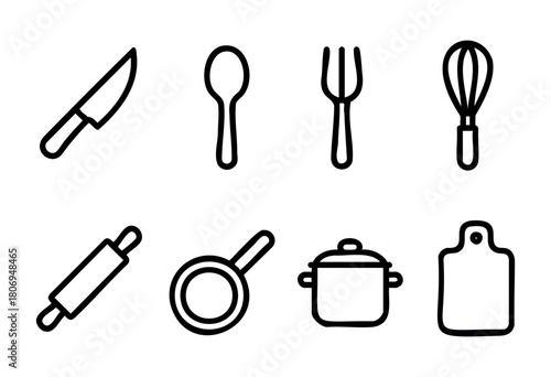 Various kitchen utensils are arranged in a clear layout, featuring a knife, spoon, fork, whisk, rolling pin, strainer, pot, and cutting board, showcasing essential cooking tools.