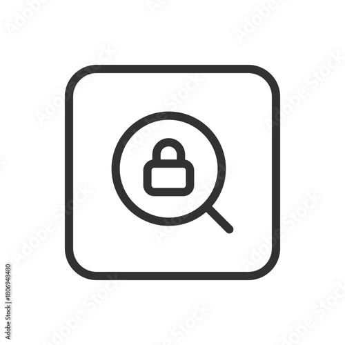 Protection, Security Lock Search Test line icon – lock with magnifier and test symbol outline vector for security audit, vulnerability scan, penetration testing UI