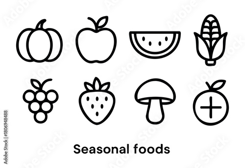 Set of line drawings featuring seasonal foods including a pumpkin, apple, watermelon, corn, grapes, strawberry, mushroom, and orange against a clean background.