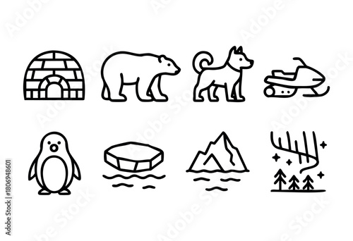 Various winter-themed icons illustrate wildlife and activities in a cold environment, showcasing an igloo, a bear, a dog, a snowmobile, a penguin, floating ice, mountains, and northern lights.