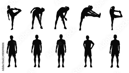 People exercising and standing silhouettes isolated on white background, Vector