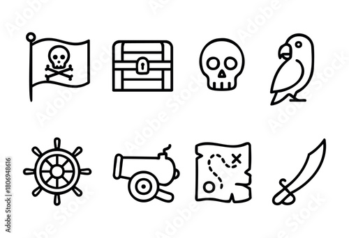 Various pirate symbols are displayed, including a skull and crossbones flag, treasure chest, skull, parrot, ship wheel, cannon, treasure map, and sword, all in a simple style.