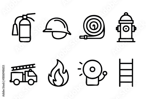 Various symbols representing safety equipment and fire response tools are displayed, including a fire extinguisher, helmet, fire hose, hydrant, fire truck, flame, alarm bell, and ladder.