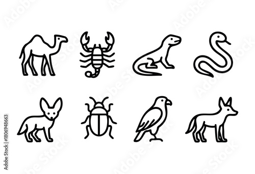 A collection of simple line drawings features a camel, scorpion, two snakes, a rabbit, a beetle, a bird, and a fox. Each design highlights distinct characteristics of the animals.