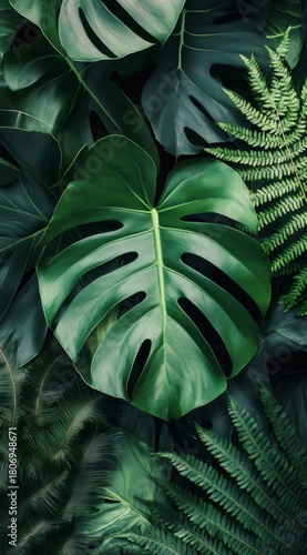 Close up of a green monstera leaf amongst lush tropical foliage. Natural botanical background for health and wellness concept.