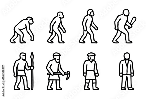 The evolution of human figures through various stages, from primitive man to contemporary form, illustrating the progression of human development over time.