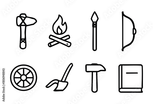Various tools and symbols are displayed, including an axe, campfire, spear, bow, wheel, hoe, hammer, and a book, highlighting essential skills for outdoor activities and survival.