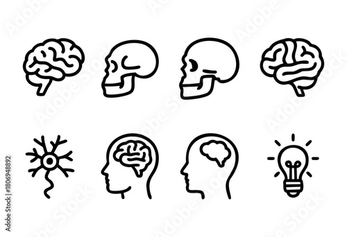 Multiple outlines depict human brains and skulls, showcasing anatomical features alongside a neuron and light bulb. This representation emphasizes the link between brain function and ideas.