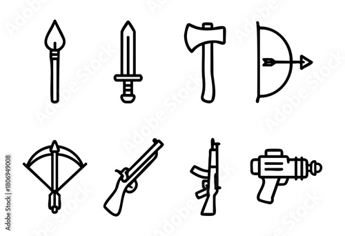 Different types of weapons are shown in a minimalist line art design. The collection includes traditional and modern weapons, highlighting their shapes and characteristics.