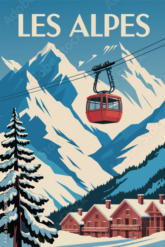 Ski resort vintage poster with gondola lift, mountain chalet, winter travel vector illustration, snowy alpine landscape, skiing holiday scene, retro travel design