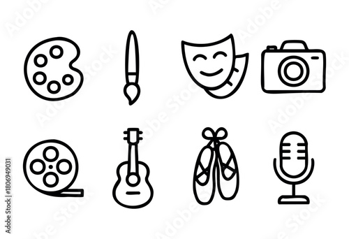 Colorful icons showcase different aspects of the arts, including painting, photography, theater, music, and dance, reflecting creativity and cultural expression.