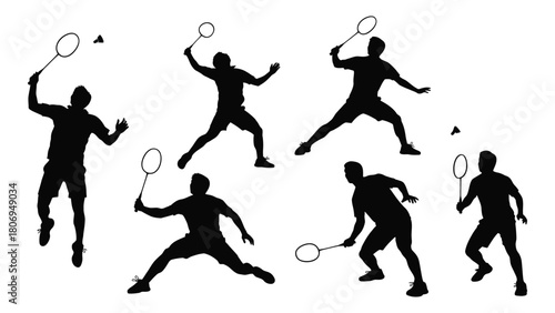 Badminton player silhouettes in action poses isolated on white background, Vector