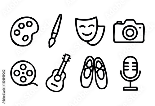 A collection of artistic symbols including a paint palette, brush, theater masks, camera, film reel, guitar, ballet shoes, and microphone illustrates the diversity of creative expression.