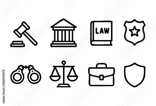 Various legal symbols are illustrated, showcasing a gavel, scales of justice, law book, police badge, handcuffs, briefcase, and shield, representing elements of the justice system.
