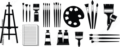 Art tools and painting supplies silhouettes, brushes, palette, easel, paper sheets, paint tubes, drawing equipment icons for creative design resources