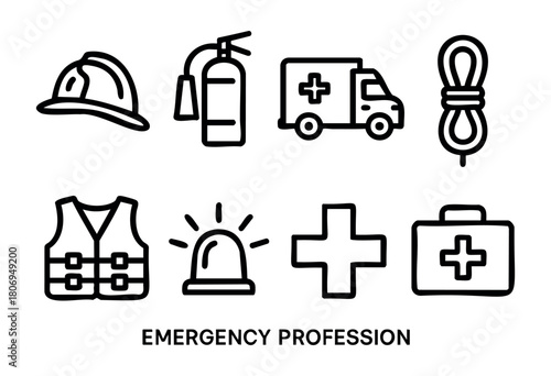 Various icons depict aspects of emergency professions, featuring a hard hat, fire extinguisher, ambulance, rope, safety vest, emergency light, medical cross, and first aid kit.