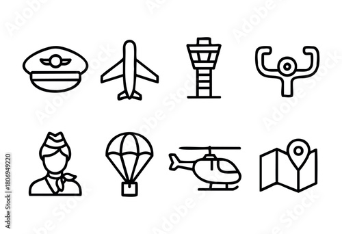 A collection of simple icons displays elements of aviation, including a pilot, airplane, control tower, parachute, helicopter, and map, highlighting different flight-related activities.