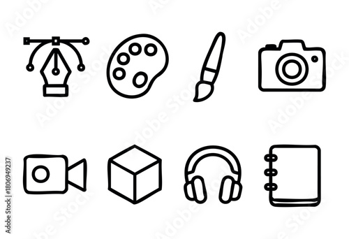 Various artistic and media tools are displayed, including a pen, paint palette, brush, camera, video recorder, cube, headphones, and notebook all arranged in a simple layout.