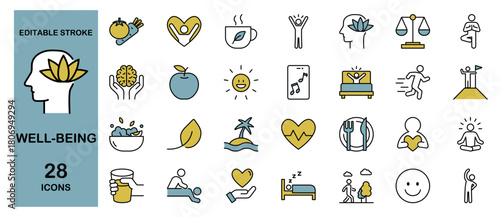 Well-being Icon Set – Wellness, Health, Mental and Activity. Editable Stroke, Colored Vector Illustration
