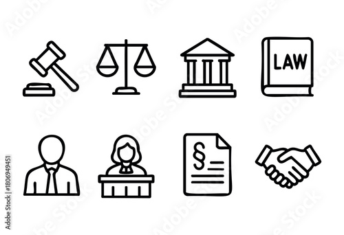 Various symbols representing law and justice are displayed, including a gavel, scales, a courthouse, a law book, and figures of people engaged in legal proceedings.