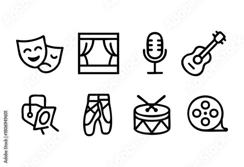 This design features icons representing different forms of art and performance including theater masks, musical instruments, dance shoes, and more, highlighting the creative world.