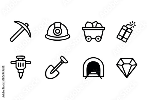 Various mining tools and symbols showcase the necessary equipment used in resource extraction, from pickaxes and helmets to explosives and gems, highlighting the mining process.